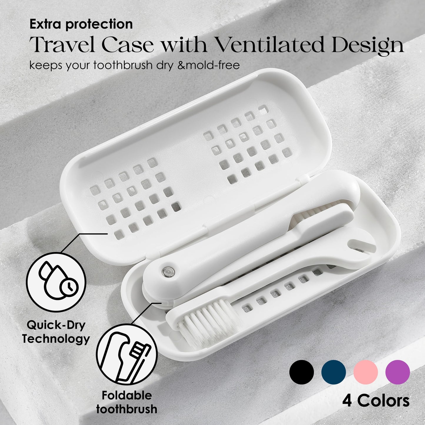 Minibox Folding Travel Toothbrush with Dual-Length Bristles & Case, Compact Mini Design for Business Trips, Camping, and Outdoor Activities, 1 Pack with 2 Extra Replaceable Brush Heads, Black