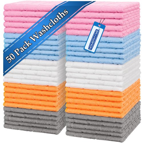 HOMERHYME Microfiber Washcloths, 50 Pack Face Towel, Soft Lint Free Quick Dry Fingertip Washcloth, Bulk Absorbent Multi-Purpose Wash Cloths for Bathroom, Kitchen, Salon, Gym, Hotel, Assorted