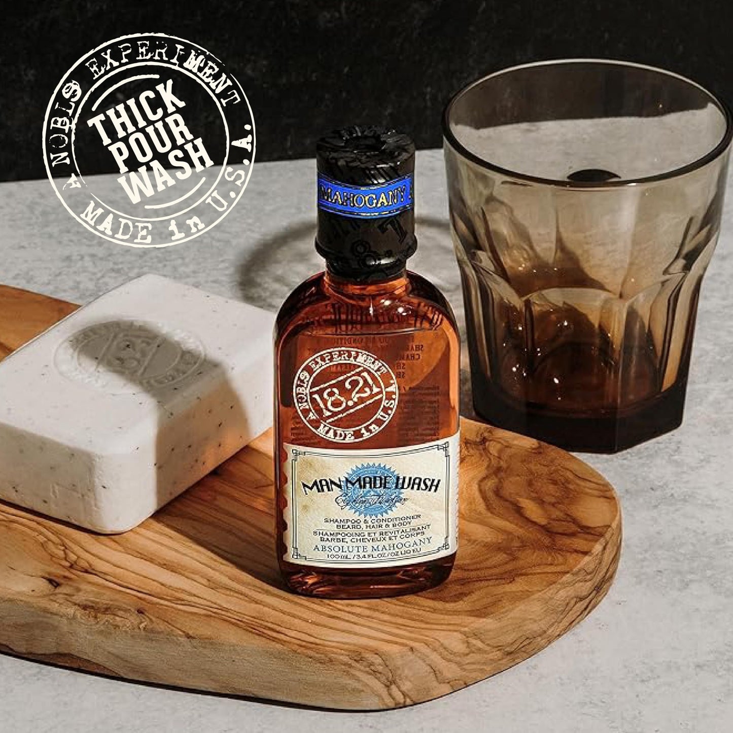 18.21 Man Made Original Absolute Mahogany 3-in-1 Body Wash, Shampoo, & Conditioner for Men, All Hair & Skin Types, Strengthens and Moisturizes in a Manly Aroma, 3.4oz