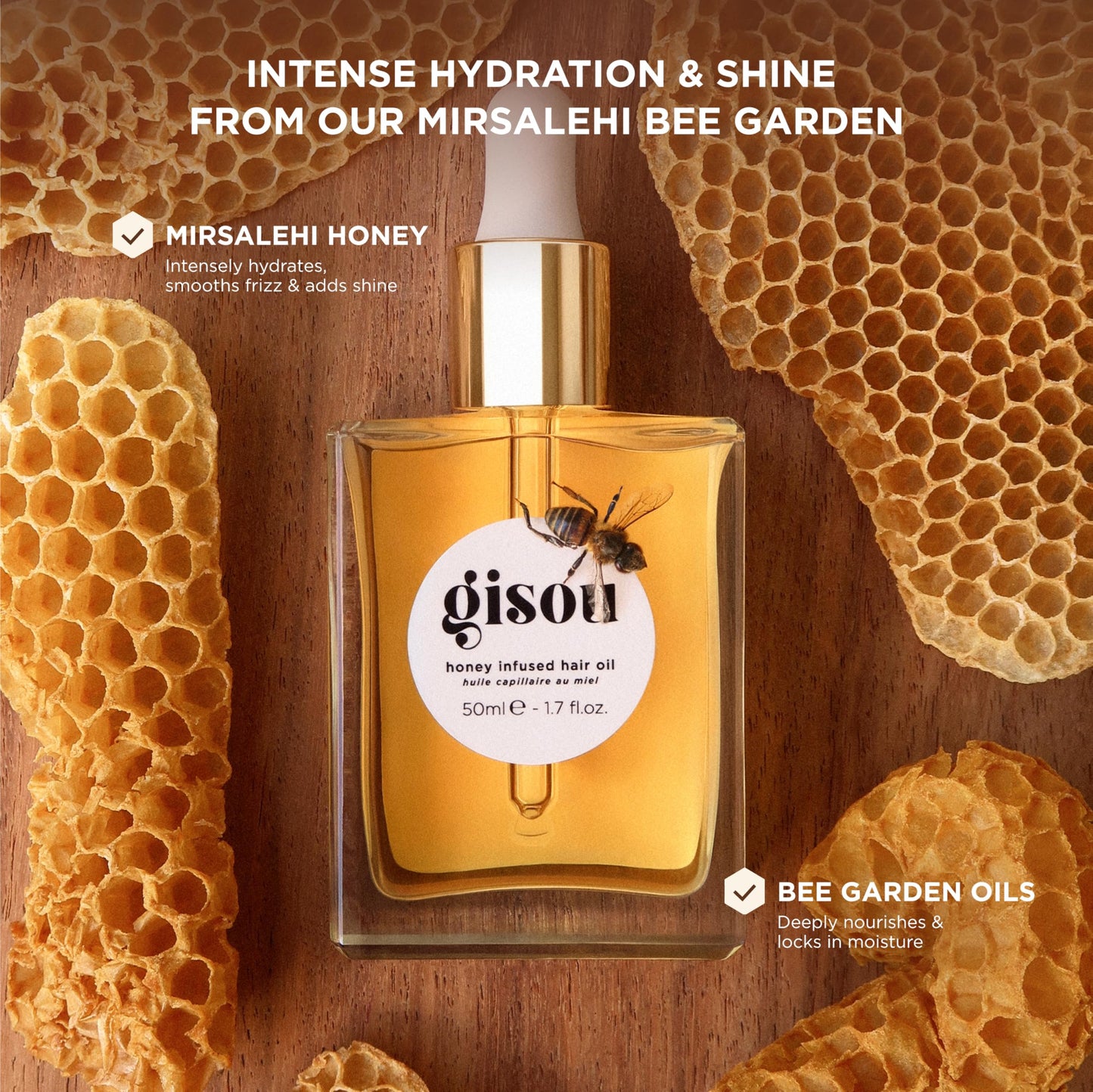 Gisou Honey Infused Hair Oil, Award-Winning Hydration, Frizz Control & Shine Treatment, Mirsalehi Honey & Botanical Oils, Heat Protection up to 450°F, Lightweight Non-Greasy Oil for All Hair Types