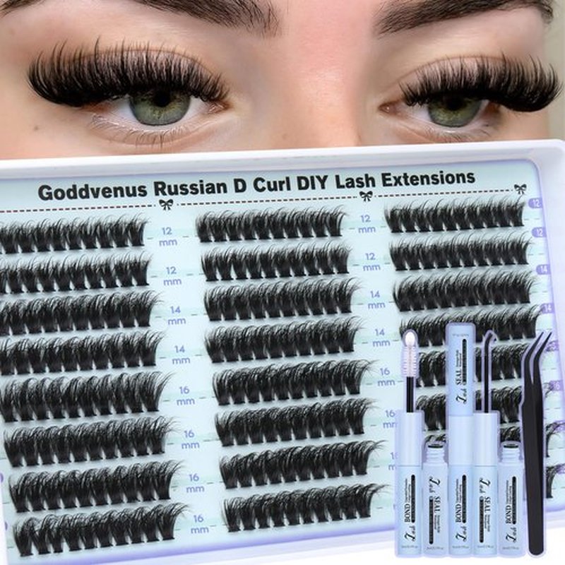 Goddvenus Lash Clusters Kit Wispy Lashes clusters Natural Fluffy Eyelashes Clusters 12mm 14mm 16mm Mixed Cluster Eyelash Extensions Kit D Curl DIY Individual Lashes Kit with Bond and Seal Lash Glue