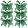 Glitter Cheer Bows 6 Pack Large 7-8 Inch Rhinestone Elastic Hair Bows for Cheerleaders Green Black White