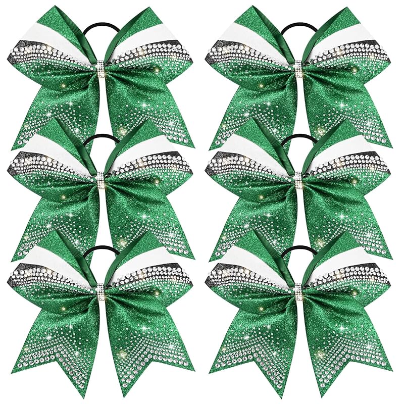 Glitter Cheer Bows 6 Pack Large 7-8 Inch Rhinestone Elastic Hair Bows for Cheerleaders Green Black White