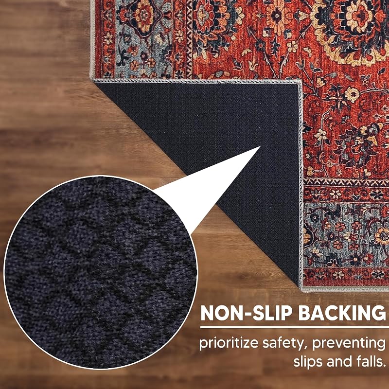 Red / Turquoise Blue 4' x 6' Vintage Washable Area Rug with Non-Slip Backing