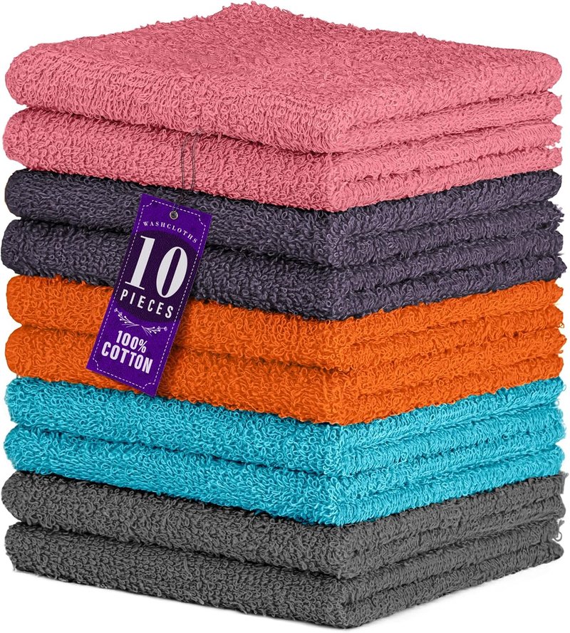 DecorRack 10 Pack 100% Cotton Wash Cloth, Luxurious Soft, 12 x 12 inch Ultra Absorbent, Machine Washable Washcloths, Assorted Colors (10 Pack)