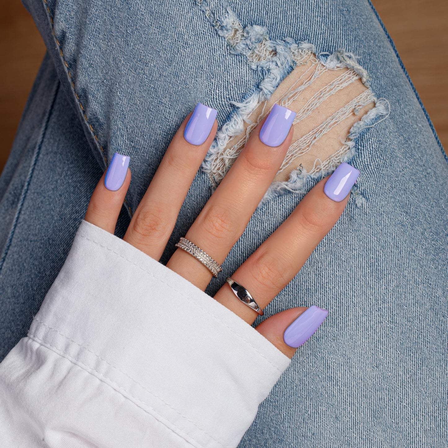 KQueenest Light Purple Press On Nails Medium Square - Summer Press On Nails Short Coffin, Sheer Pastel Lavender Fake Nails with Glue, Glossy Opaque, Reusable Soft Gel Glue on Nails for Women, 28 Pcs
