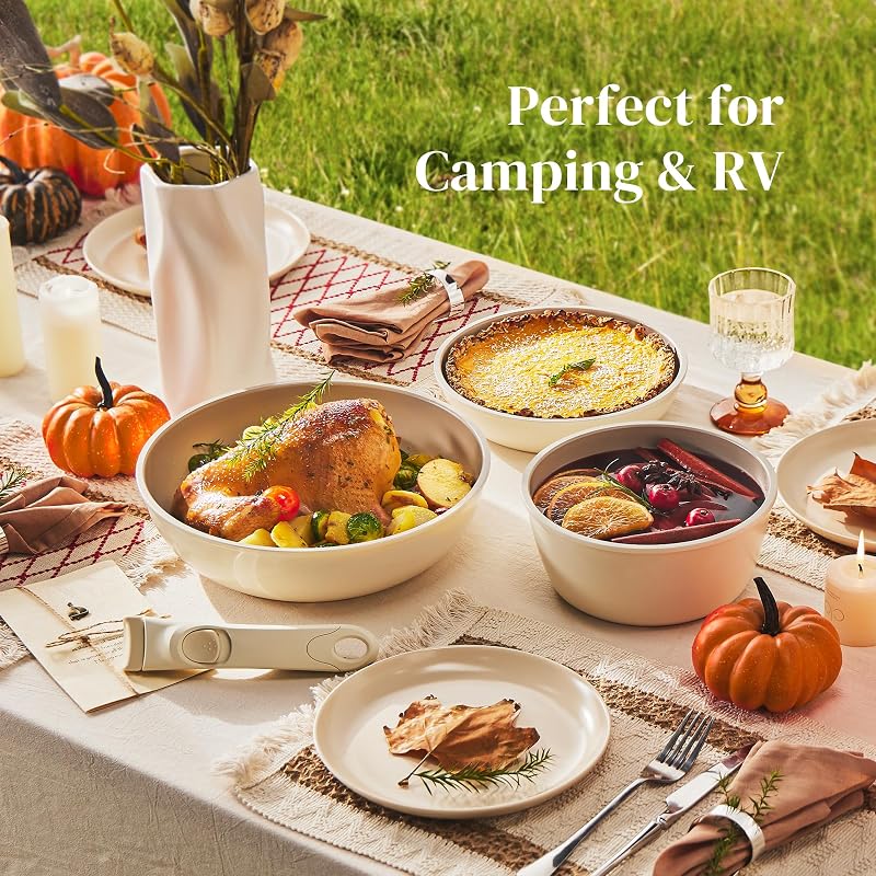Redchef Ceramic Nonstick Pots & Pans Set with Detachable Handles - 5 Pcs, Beige/White