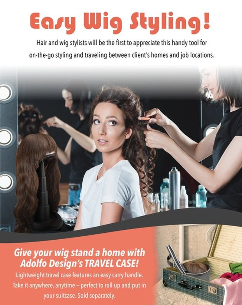 Adjustable Wig Head for Travel and Salon - Black Stand, Styrofoam Head, Collapsible Compact Stand Expands for Long and Short Wigs - by Adolfo Design
