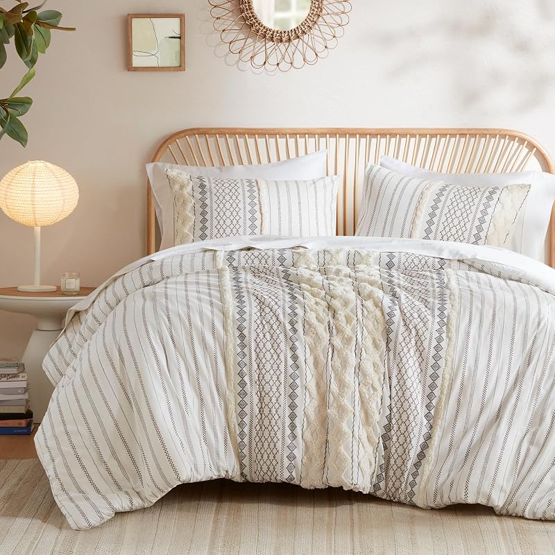 Imani King/Cal King Comforter Set for Bed – Ivory 3pc Cotton Chenille Tufted Boho, All-Season