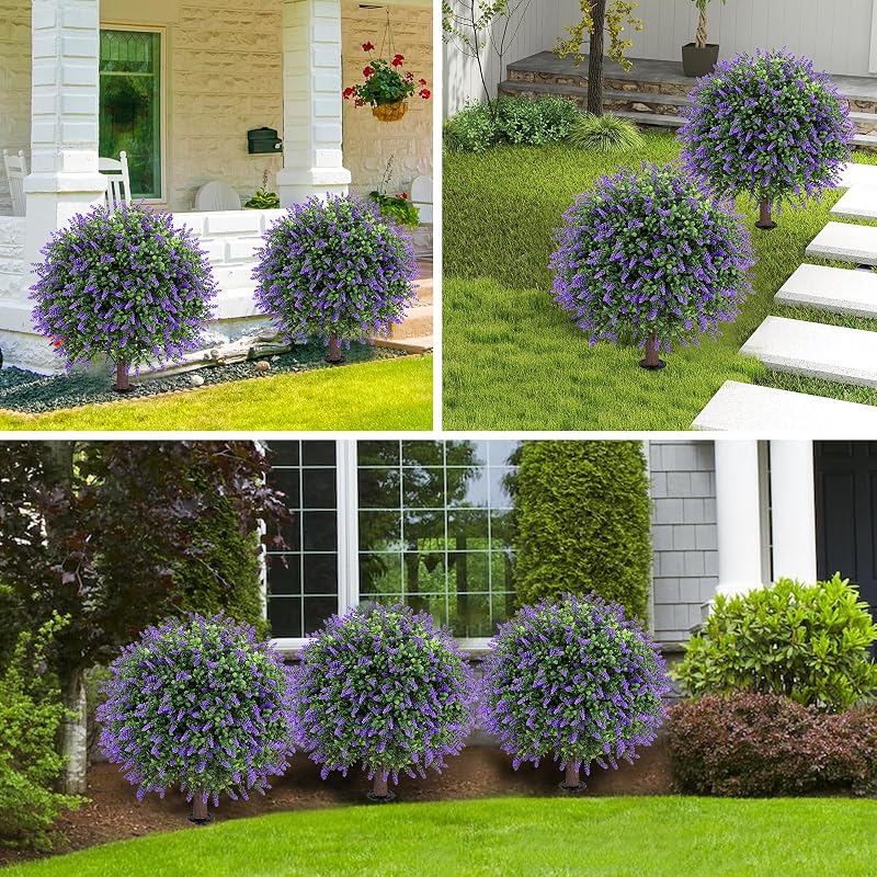 Lavender Topiary Ball Tree with Ground Spike – 25" Artificial Plant, Set of 2 (Variation: Lavender)