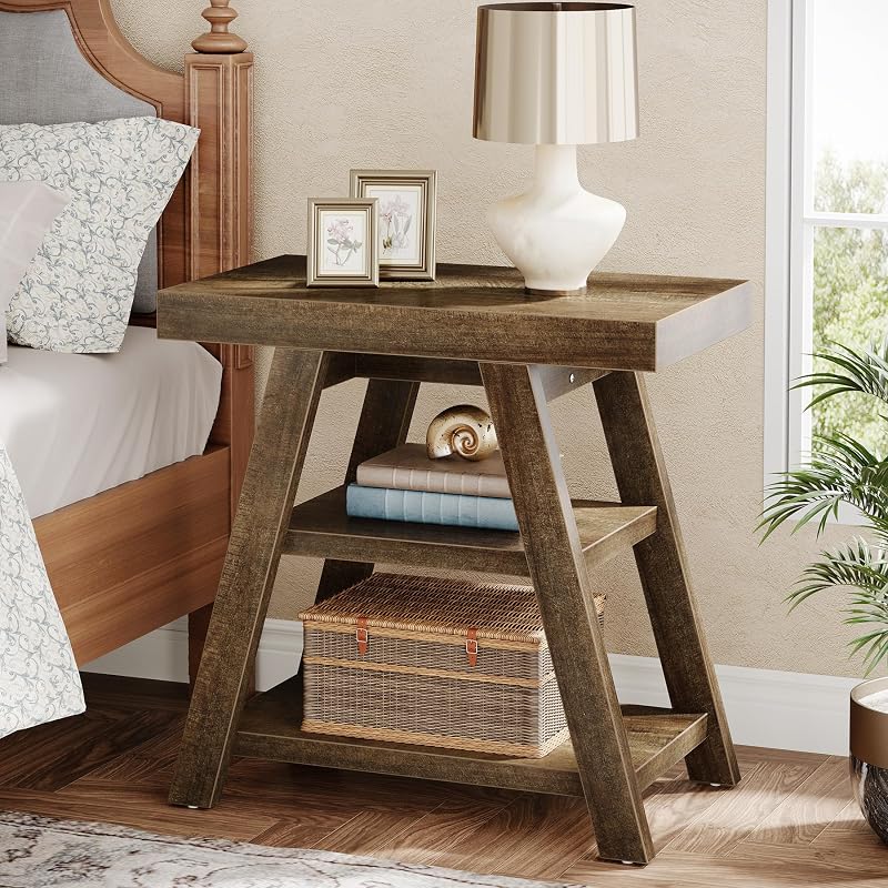 Tribesigns Distressed Brown 3-Tier End Table with Trapezoid Legs – Farmhouse Nightstand / Sofa Side Table