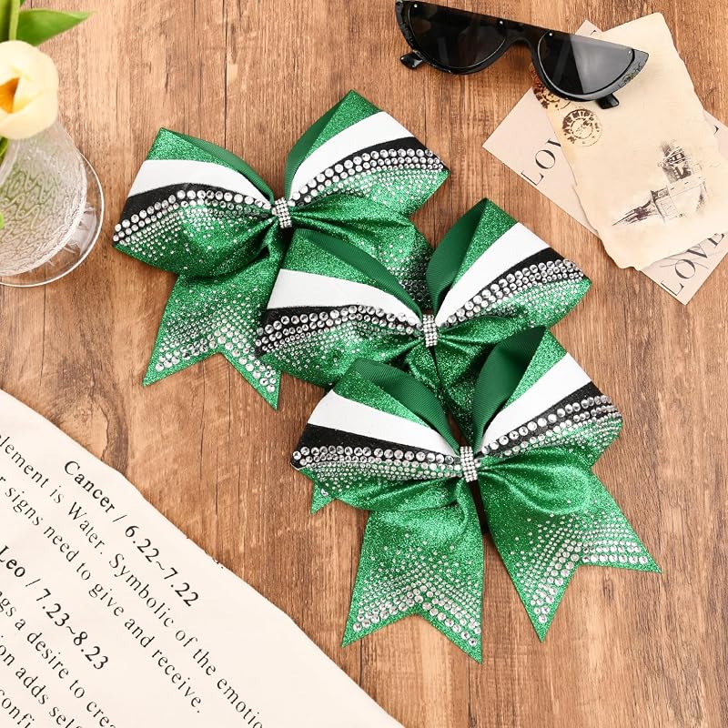 Glitter Cheer Bows 6 Pack Large 7-8 Inch Rhinestone Elastic Hair Bows for Cheerleaders Green Black White