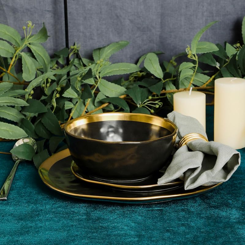 Stone Lain Florian Black & Gold 16-Piece Porcelain Dinnerware Set for 4 - Includes Plates, Bowls & Mugs