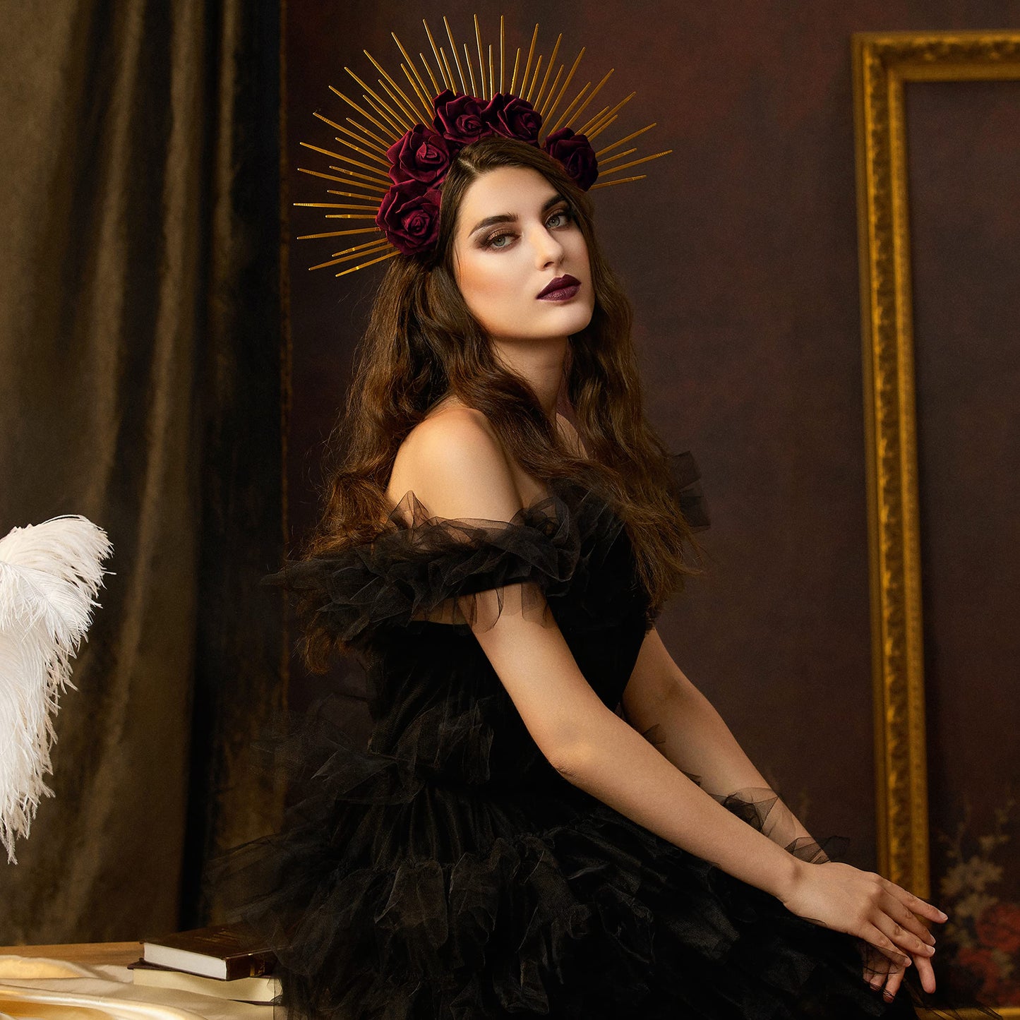 Fantherin Halo Crown with Roses Womens Mexican Flower Goddess Rose Spiked Sun Headpiece for Cosplay Halloween Costume