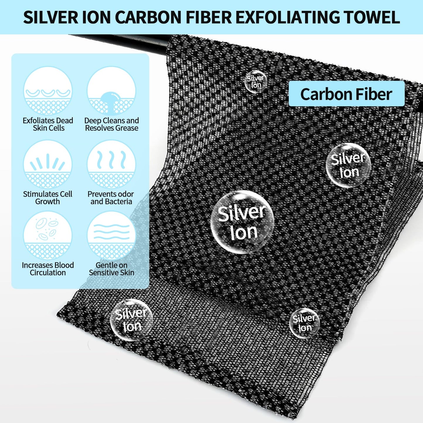 Adanluxe Exfoliating Washcloth Shower Towels, Premium Japanese Exfoliating Body Scrubber, Upgraded Loofah Sponge Rich in Silver Ion and Carbon Fiber, Face & Body Scrub Exfoliator with 2 Levels, Longer