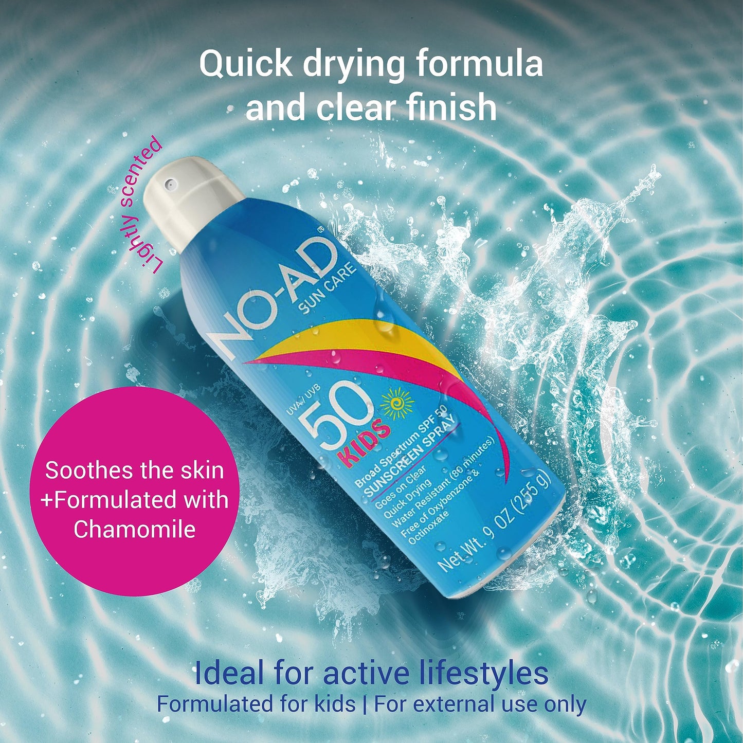 NO-AD KIDS SPF 50 Sunscreen Spray | Non-Greasy, Waterproof and Non toxic Sunscreen | Suitable for All Skin Types | Broad Spectrum Protection for Active Lifestyles | 9 oz