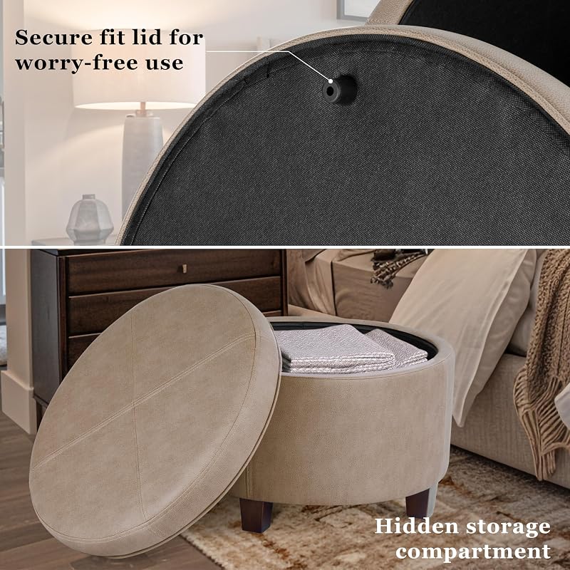 Storage Ottoman with Faux Leather - Round Taupe Brown, 17x24, Lift-Top