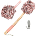 Toem Loofah Back Scrubber for Shower | Bamboo Charcoal Fiber Infused | Loufas for Men & Women | Includes 1 Long Handled Shower Sponge, 1 Bath & Shower Luffa Pouf & 1 Hook to Hang Stuff (Rose Pink)