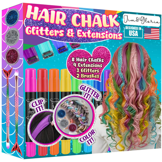 Jim&Gloria Dustless Hair Chalk for Girls Washable with Clip in Hair Extensions, Brushes and Glitters, Kids Temporary Color Dye, Gifts for Teen Girl Trendy Stuff, Teenage 7 8 9 10 11 12 13 14 Year Old