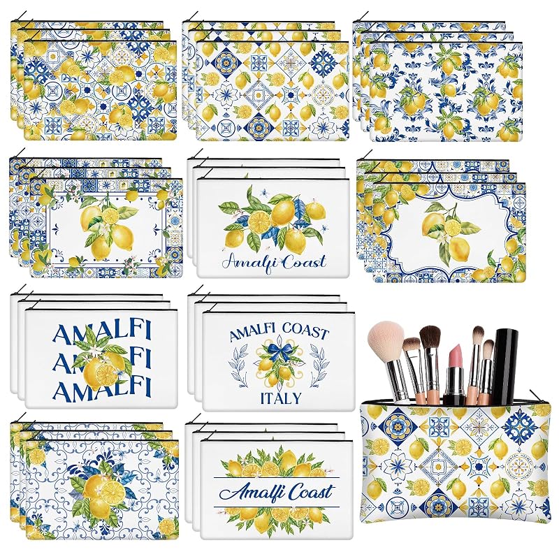 30 Pcs Amalfi Coast Makeup Bags - Lemon Porcelain Canvas Zipper Pouches Set