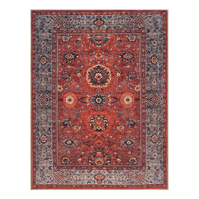 Red / Turquoise Blue 4' x 6' Vintage Washable Area Rug with Non-Slip Backing