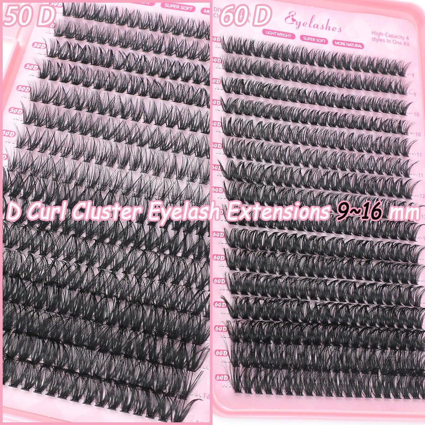 Lash Clusters Kit, 640 Pcs Eyelashes Cluster Extensions Kit 9-16mm Fluffy Individual Lashes 50D 60D D Curl False Eyelashes with Thin Band Match Tools for DIY (50D+60D)