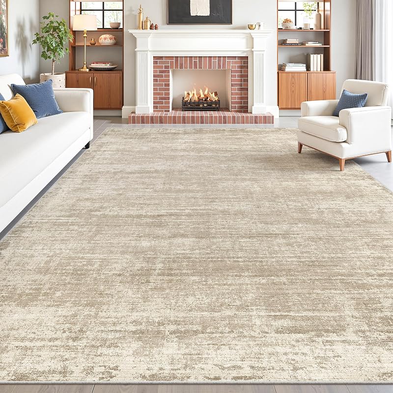 Beige Brown 8x10 Area Rug - Modern Abstract Washable, Non-Slip Backing