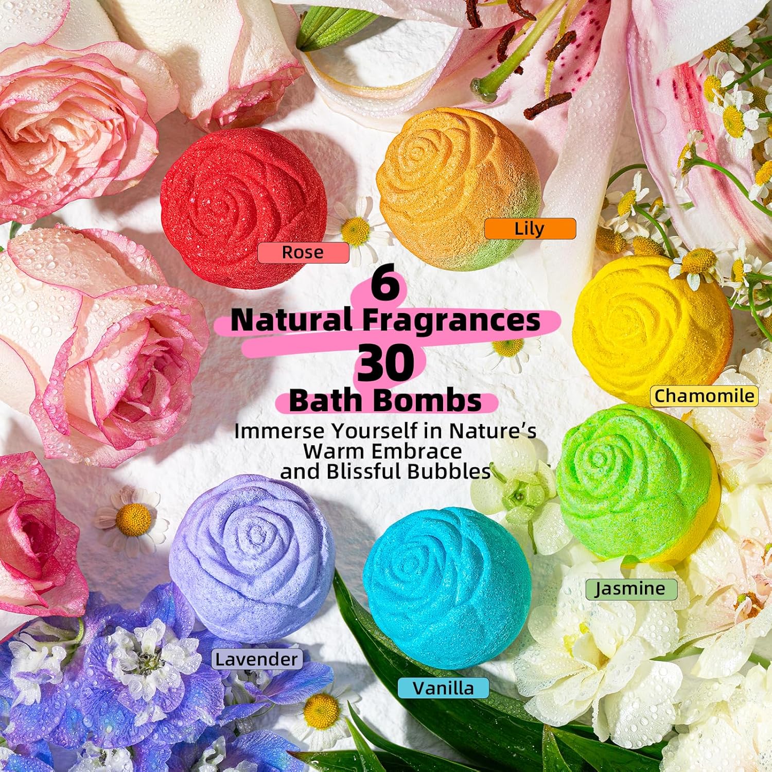 Rose-Shaped Bath Bombs - 30 Handmade Spa Gifts in 6 Calming Scents for Relaxation