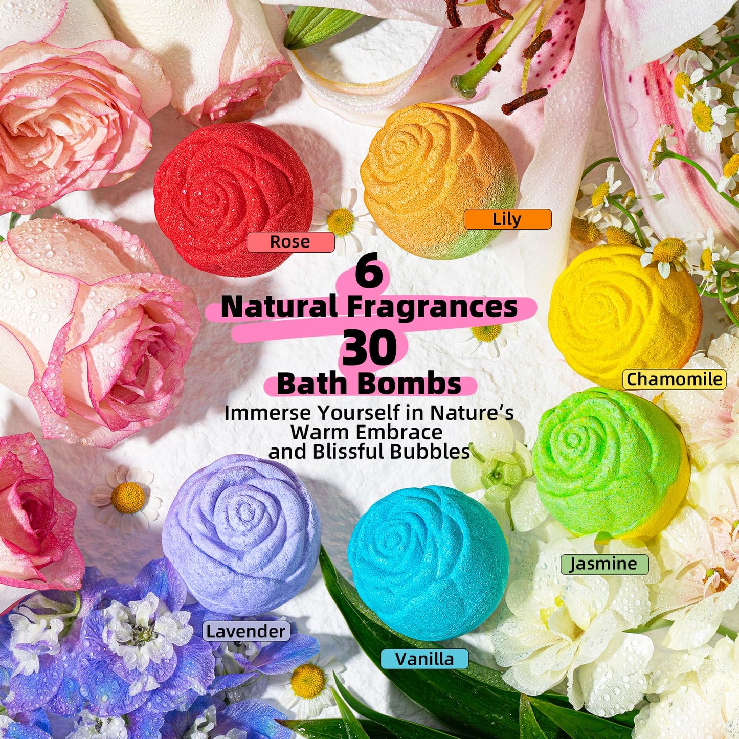 30 Rose-Shaped Bath Bombs – Handmade with Natural Ingredients, 6 Calming Scents, Relaxing Spa Gifts for Women, Men, Teens & Kids – Self Care Gifts for Summer & Birthdays