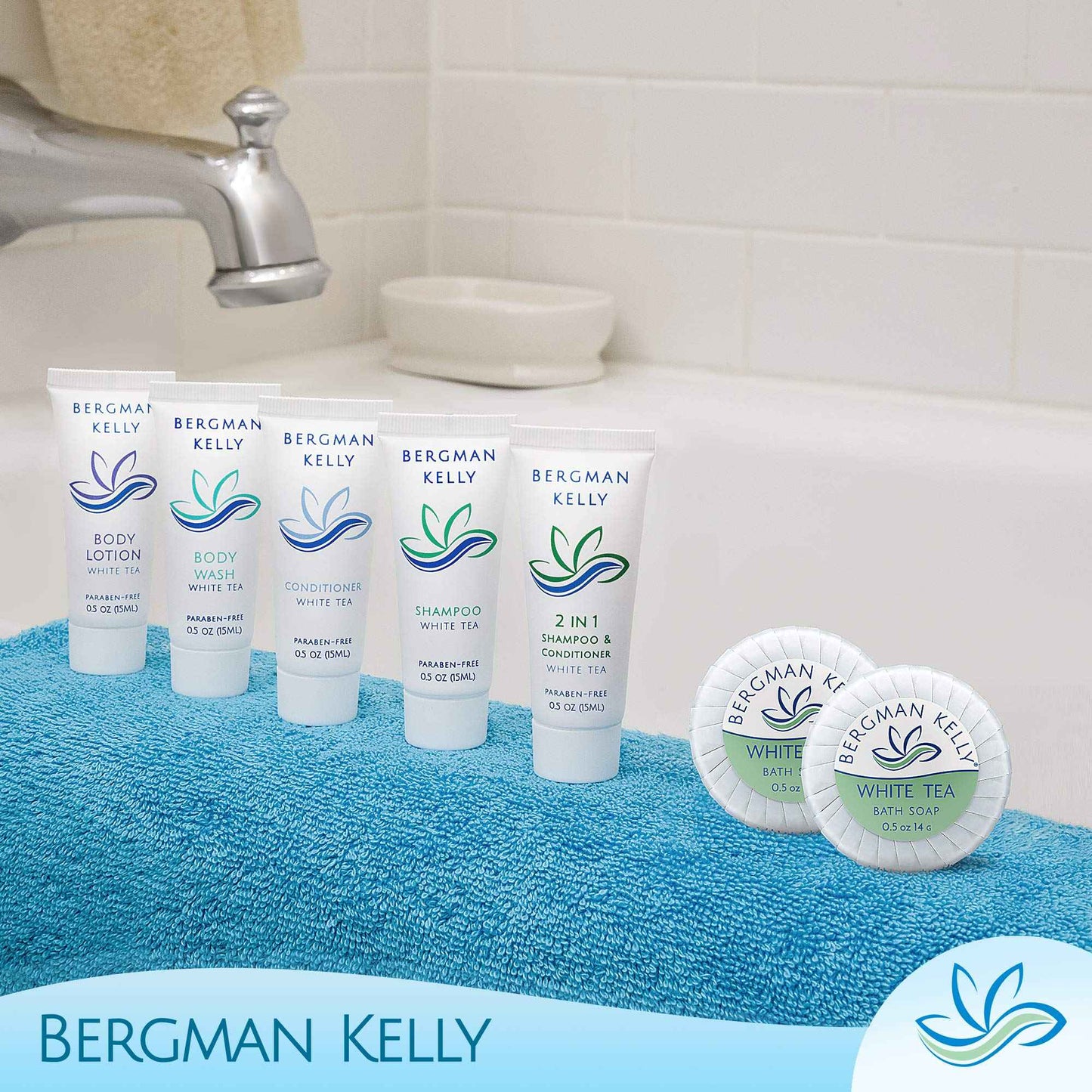 BERGMAN KELLY - Hotel Soap Bars - White Tea, 0.5 oz, 100 PK - Travel Size Luxury Bulk Amenities Bar Soap, Mini Individually Wrapped Round Soap - Small Toiletries for Airbnb, Motel, Guest Bathroom