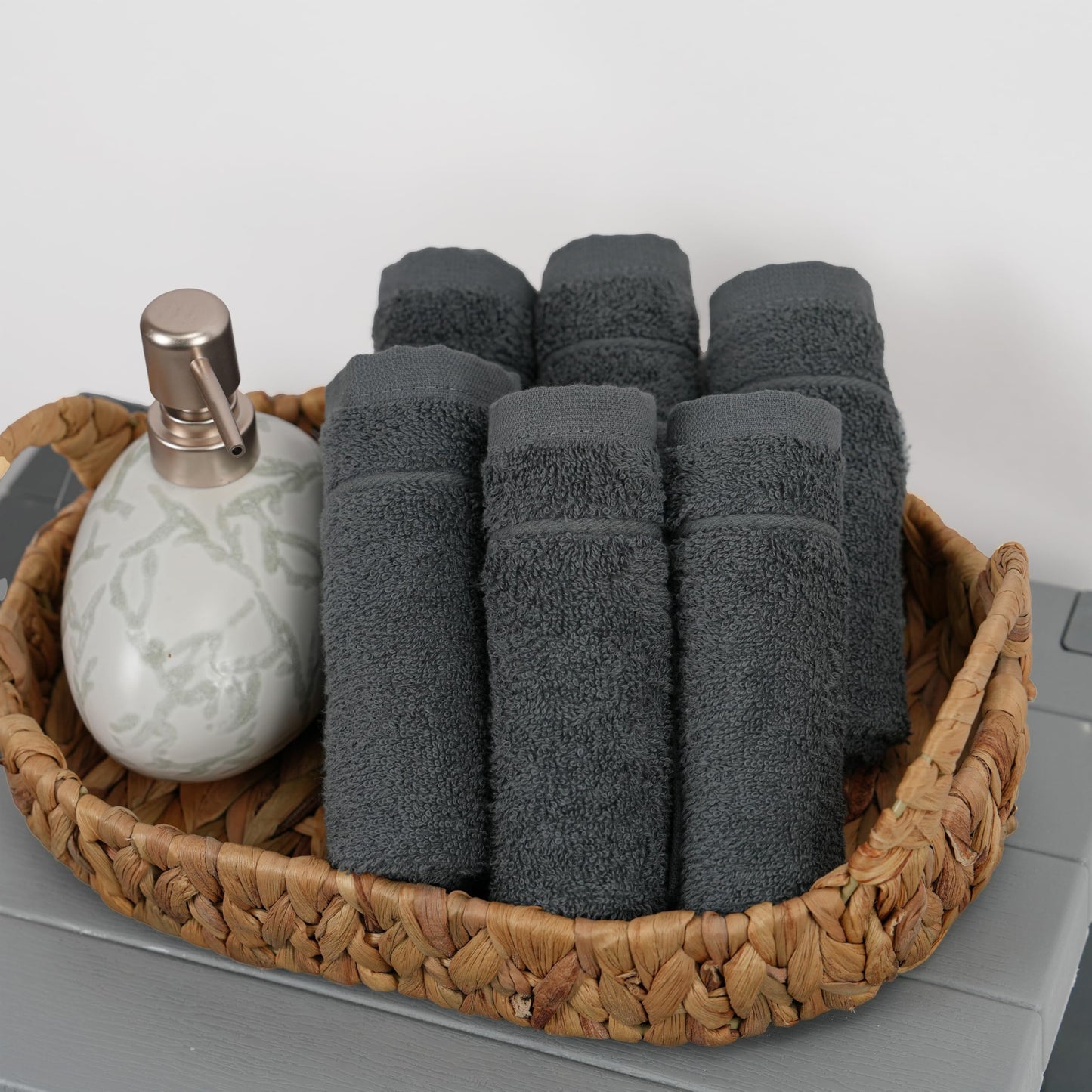 Tens Towels Pack of 60 Washcloths, 12 x 12 Inches, Lighter Weight, Quick to Dry, Super Soft & Absorbent, Gentle Face Towels, Hotel Quality, Perfect for Bathroom, Gym, Spa, Dark Grey