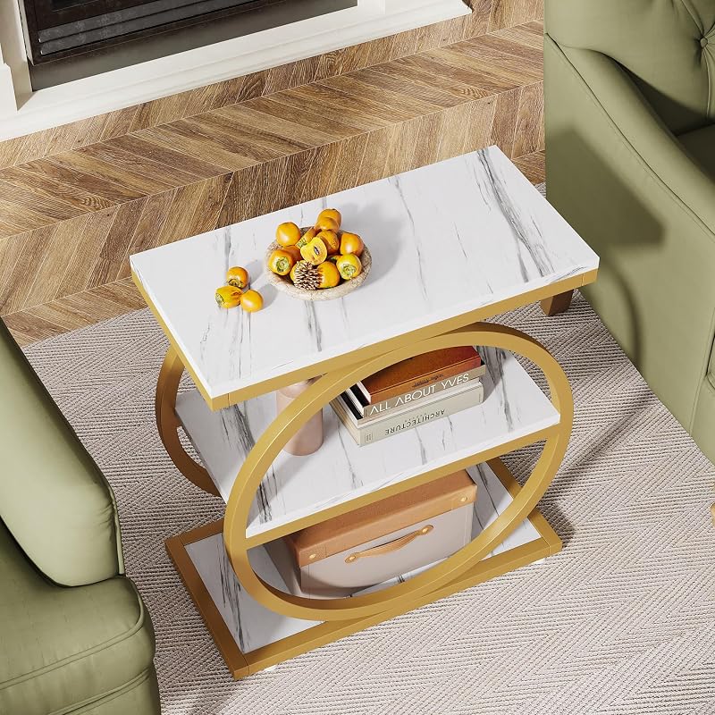 Tribesigns End Table with Storage Shelves - 3-Tier Slim Nightstand, Industrial White & Gold