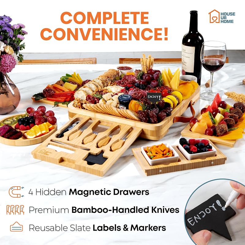 Bamboo Charcuterie Board Gift Set with Hidden Drawers, Knives & Bowls – Large Cheese Board for Entertaining