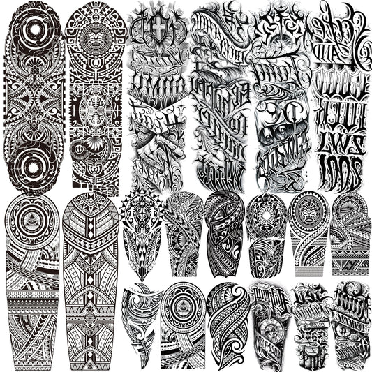 20 Sheets Maori Extra Large Full Arm Temporary Tattoos For Men Adults, 8 Sheets God Totem Armband Fake Sleeve Tattoos For Women, Long Lasting Temp Bulk Tribal Halloween Black Letter Tattoo Stickers
