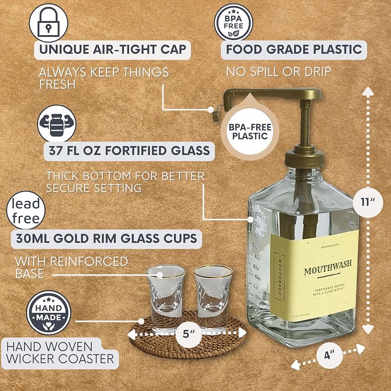 Gold 37oz Glass Mouthwash Dispenser Set with Pump & Cups - Variation: Gold