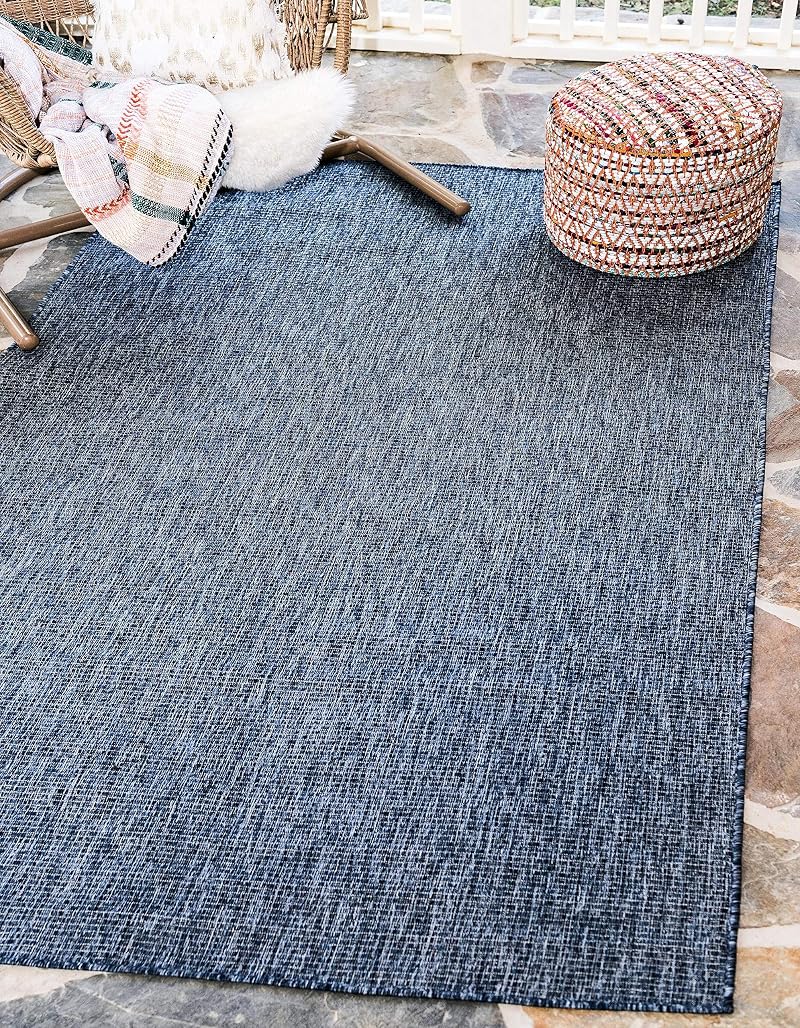 5'3" x 8' Indoor/Outdoor Flatweave Area Rug - Blue/Navy Heathered, Unique Loom